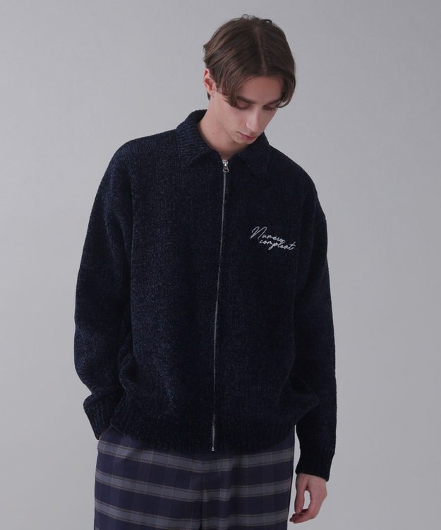 WEGO 【ユニセックス着用ITEM】ベロアモールワンポイントZIPカーディガン ネイビー