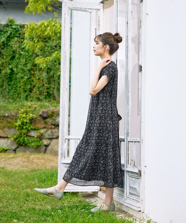 Tiaclasse L 【洗える】花柄シフォン衿ギャザーワンピース ブラック