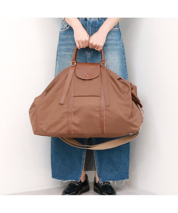 UNBILLION ペルケ perche / ナイロン×牛革かぶせジェムストーン2wayボストンバッグ ブラウン