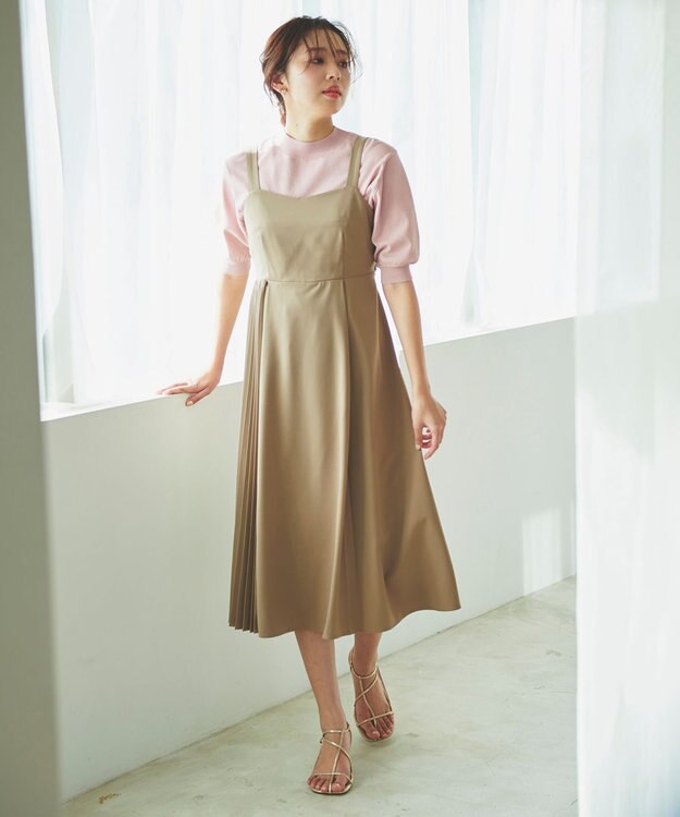 Feroux 【洗える】プリーツコンビ ジャンパースカート ベージュ系