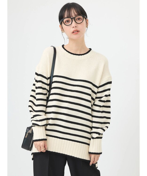 earth music&ecology ウォッシャブル脇スリットクルーネックプルオーバー Border Ivory