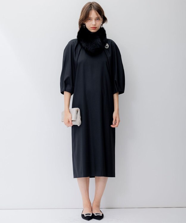 23区 L 【APPLAUDIR】ノーブルストレッチ ボリュームスリーブドレス ブラック系