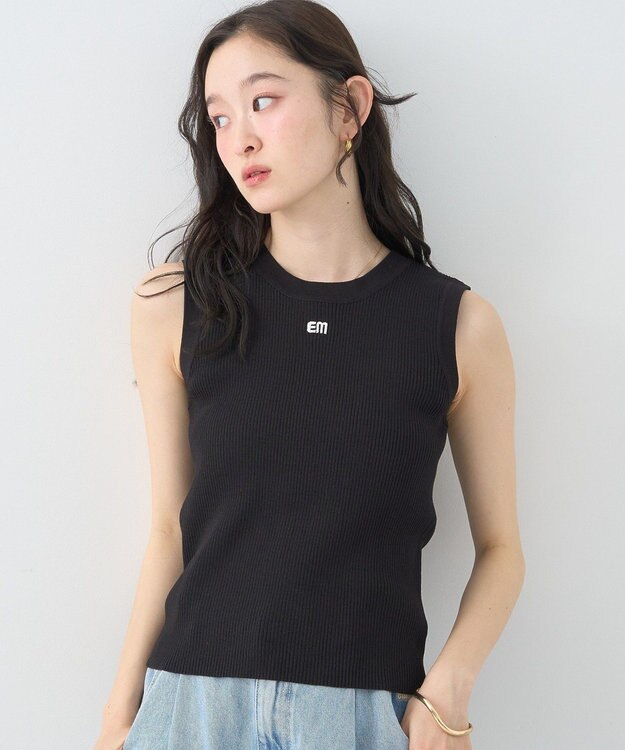 earth music&ecology ロゴ刺繍ノースリーブニットプルオーバー Black