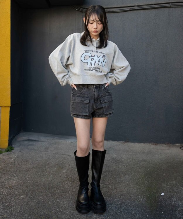 WEGO 襟付きグラフィックショートスウェット 杢グレー