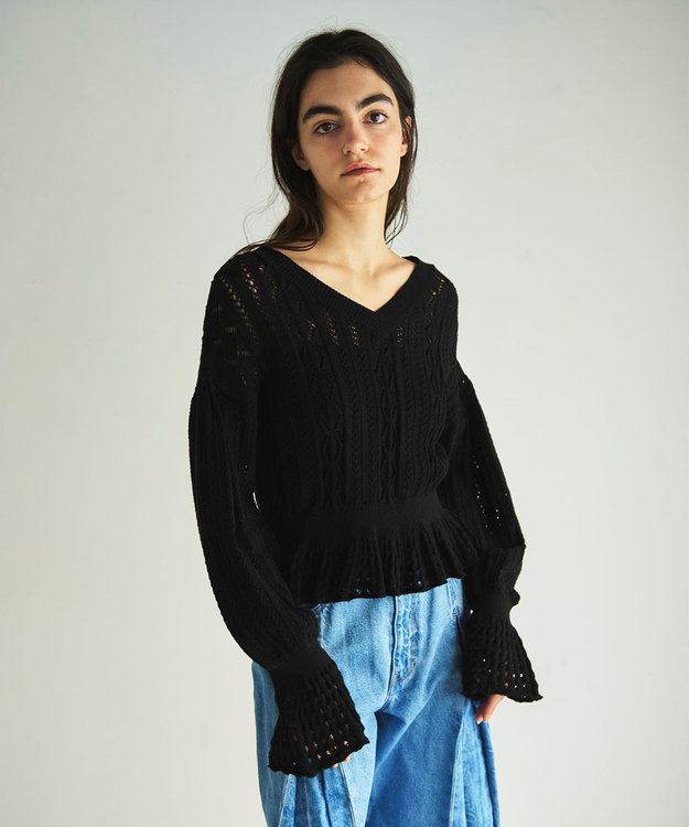 GRACE CONTINENTAL レース編ルーズニットトップ ブラック