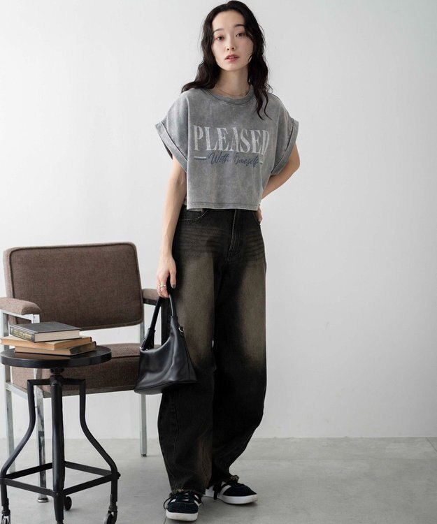 WEGO 【洗える】ヴィンテージウォッシュロールアップショートTシャツ グレーその他