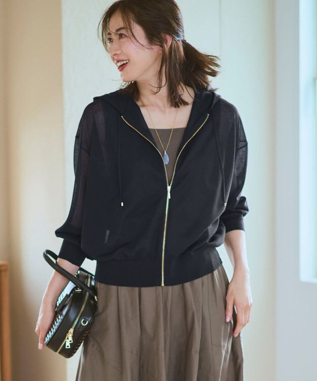 23区 L シャイニーシアーニット ジップアップ パーカー ネイビー系