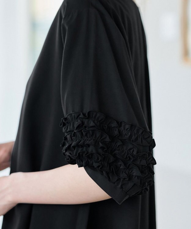 Tiaclasse L 【洗える】フリル付きパフスリーブチュニック ブラック