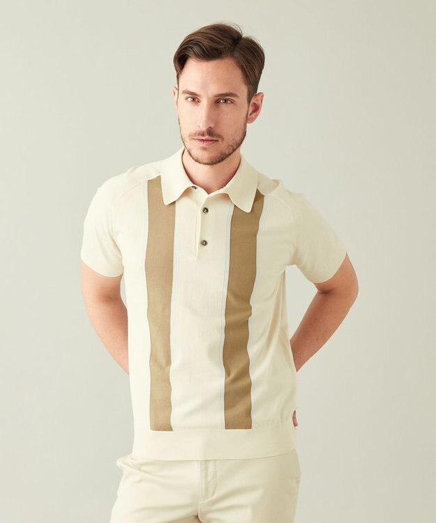 GOTAIRIKU ニットポロ_ストライプ ベージュ系1