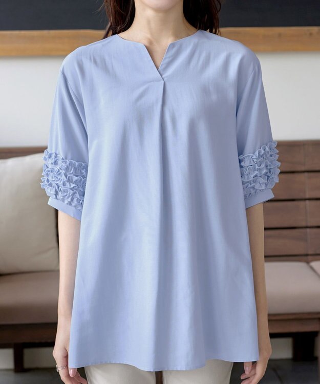Tiaclasse 【洗える】フリル付きパフスリーブチュニック サックス