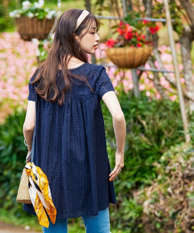 Tiaclasse L 【洗える】カットレースチュニックブラウス ネイビー