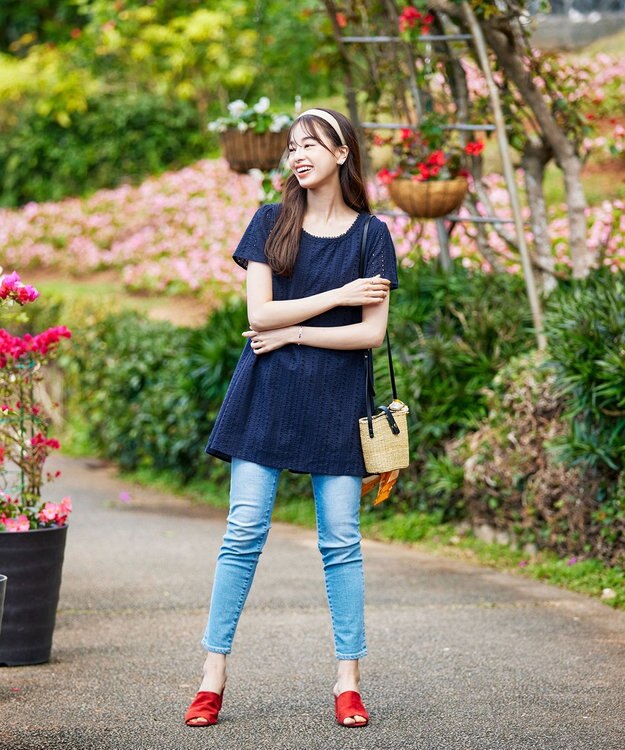 Tiaclasse L 【洗える】カットレースチュニックブラウス ネイビー