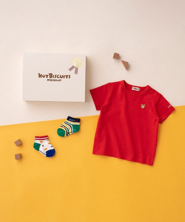 MIKI HOUSE HOT BISCUITS ワンポイント半袖Tシャツ＆ローカットソックスギフトセット【BOX付き】 赤