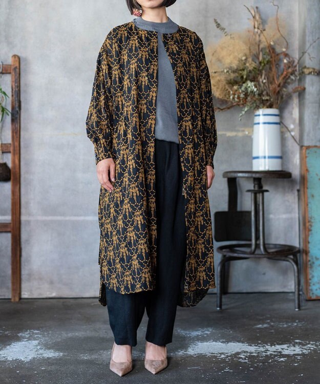muuc 【2WAY】【上質なコットン100%生地】イラカ柄刺繍コットン 羽織り＆シャツワンピース ブラック