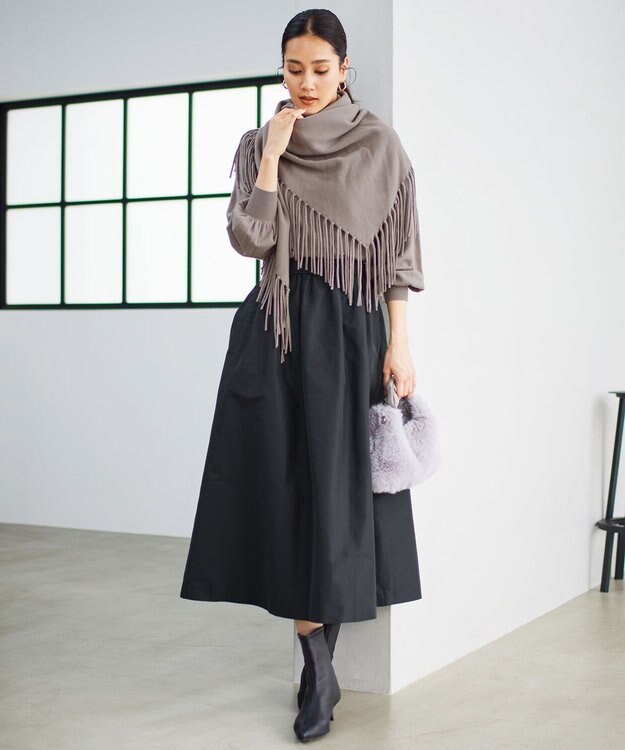 自由区 【洗える】ソフトウールハイゲージフリンジ ストール ライトグレー系