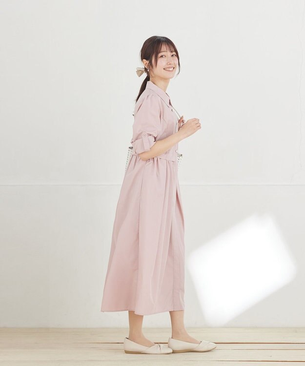 Tiaclasse パール釦フレアシャツワンピース ピンク