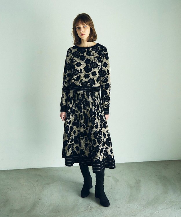 GRACE CONTINENTAL フローラルラメニットスカート ブラック