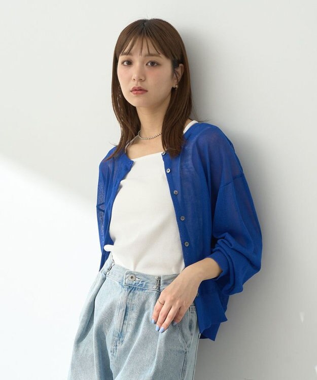 earth music&ecology 接触冷感シアークルーニットカーディガン Blue