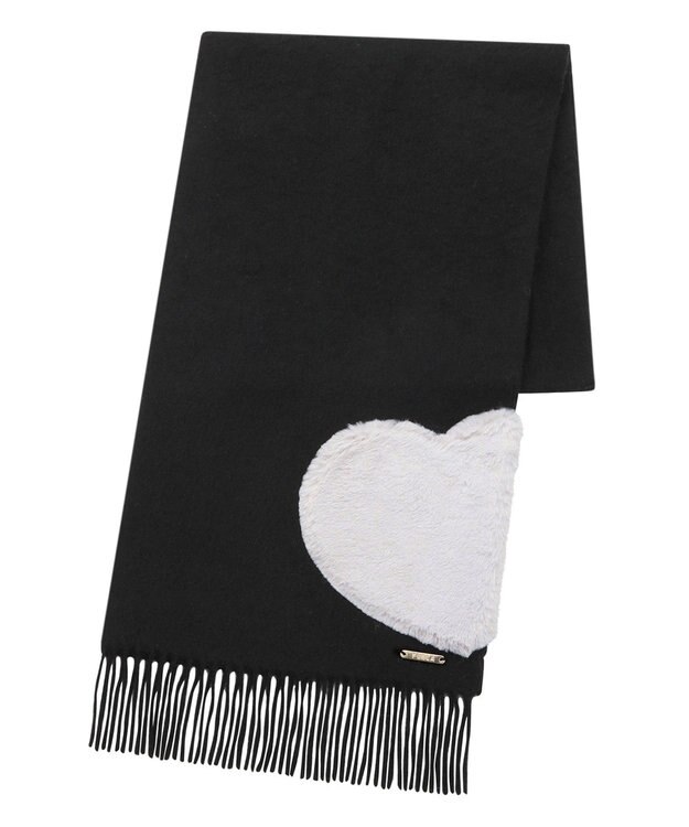 MOONBAT 【WEB限定】フルラ (FURLA)エコファー付きマフラー 無地×ハート　ウールマフラー ロゴプレート付き ブラック