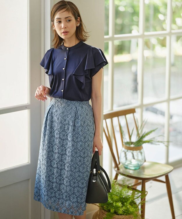 組曲 【UVケア】プレーティング天竺 パールボタンブラウス ネイビー系