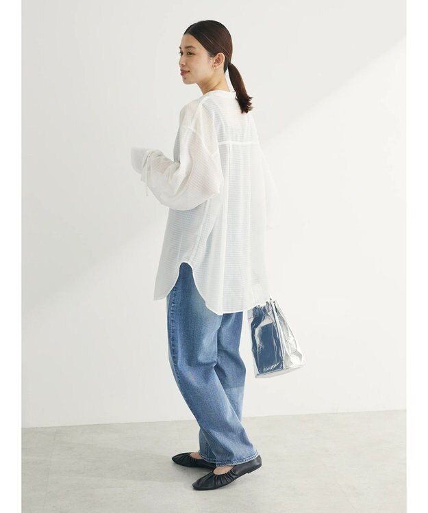 Green Parks シアーチェック袖ドロストシャツチュニック Off White