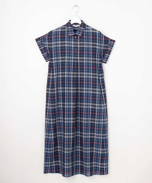 J.PRESS LADIES コットンリネン Light マドラスチェック シャツ ワンピース ネイビー系