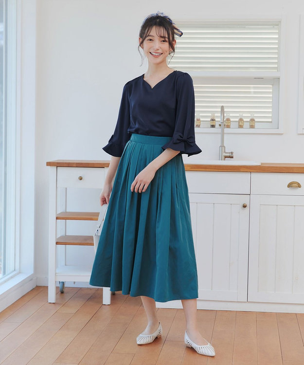 Tiaclasse 【軽撥水・汚れ防止】ランダムタックロングスカート グリーン