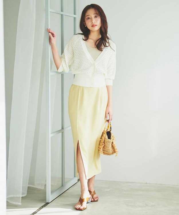 Feroux ソフトツイルナロースリット スカート イエロー系