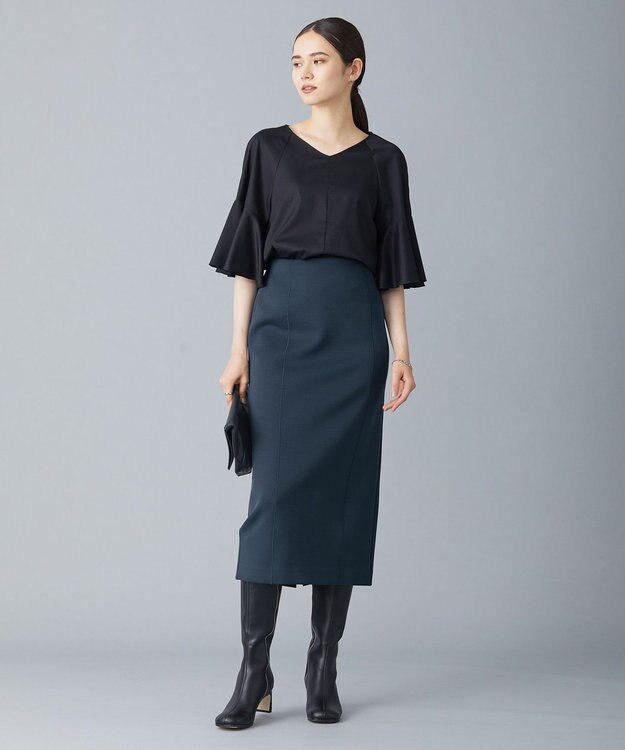 ICB 【洗える】コットンサテン　フレアスリーブブラウス ブラック系