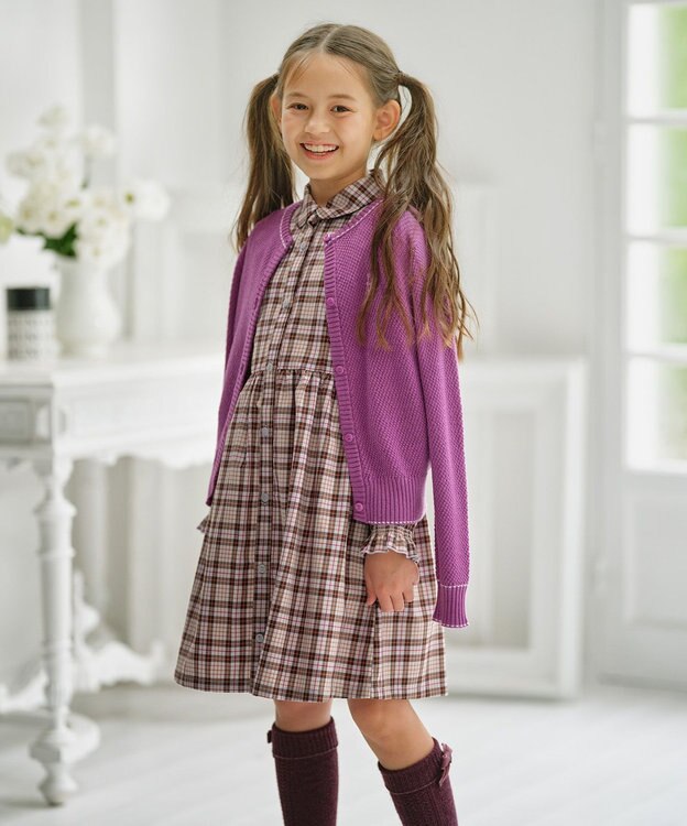 組曲 KIDS 【110-140㎝】リセチェックシャツ ワンピース グレー×ブラウン系