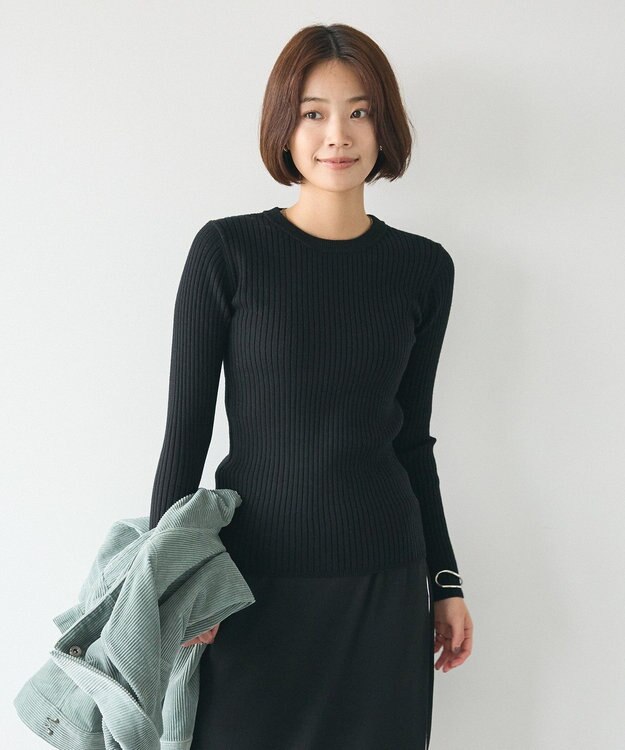 CRAFT STANDARD BOUTIQUE 洗える/とてもちクルーネックリブニットプルオーバー Black