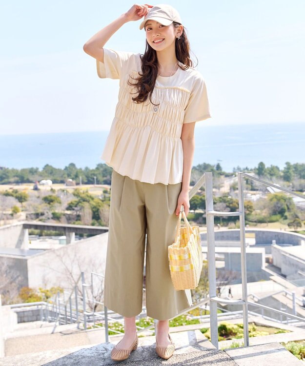 Tiaclasse ストレッチタックワイドパンツ ベージュ