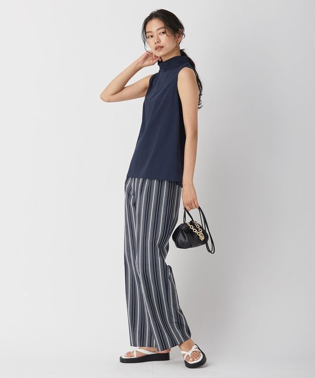 ICB 【洗える】 コットンナイロンドビーストライプ ワイドストレートパンツ ネイビー系