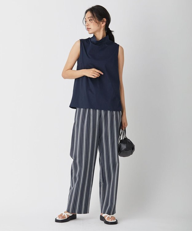 ICB 【洗える】 コットンナイロンドビーストライプ ワイドストレートパンツ ネイビー系