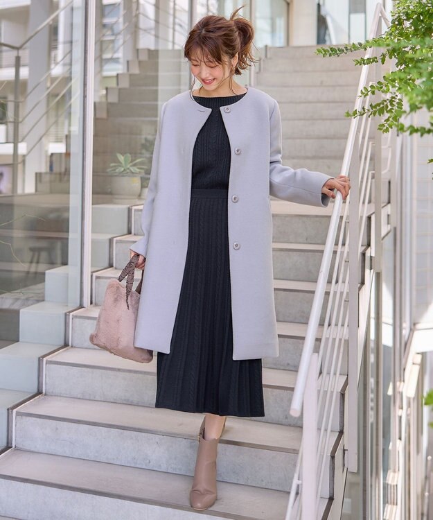 ANY SIS ファインウールモッサ ノーカラーコート 【WEB・一部店舗限定】ライトブルー