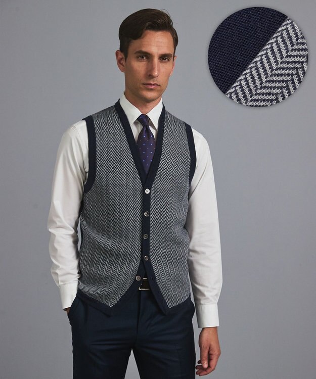 GOTAIRIKU 体温調整に【洗える/チクチクしにくい/ピリングしにくい】イタリア糸 ハイゲージ ベスト_WOOL100% ネイビー×ヘリンボーン柄(25年新色)
