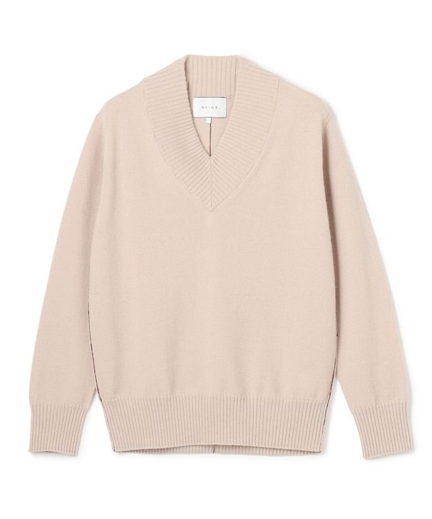 BEIGE， 【洗える】POMPE / ウールカシミヤ配色ラインVネックニット  Taupe×Bordeaux