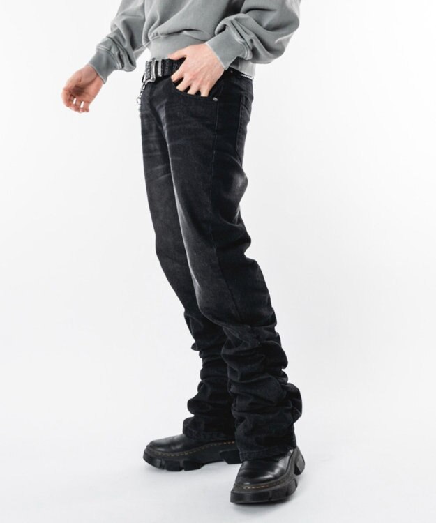 WEGO 【ユニセックス着用ITEM】シャーリングフレアデニムスキニーパンツ デニムブラックソノタ
