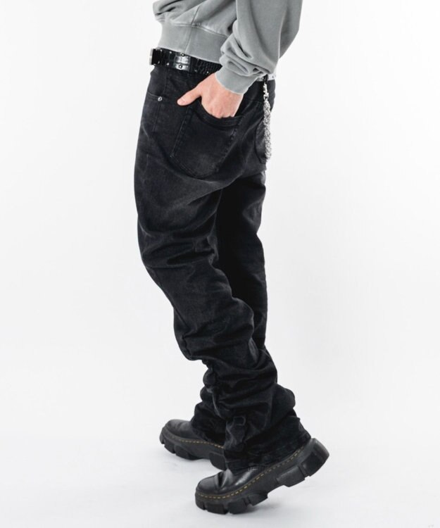 WEGO 【ユニセックス着用ITEM】シャーリングフレアデニムスキニーパンツ デニムブラックソノタ