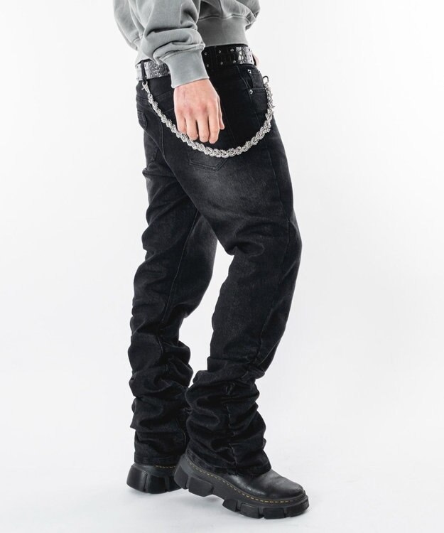 WEGO 【ユニセックス着用ITEM】シャーリングフレアデニムスキニーパンツ デニムブラックソノタ