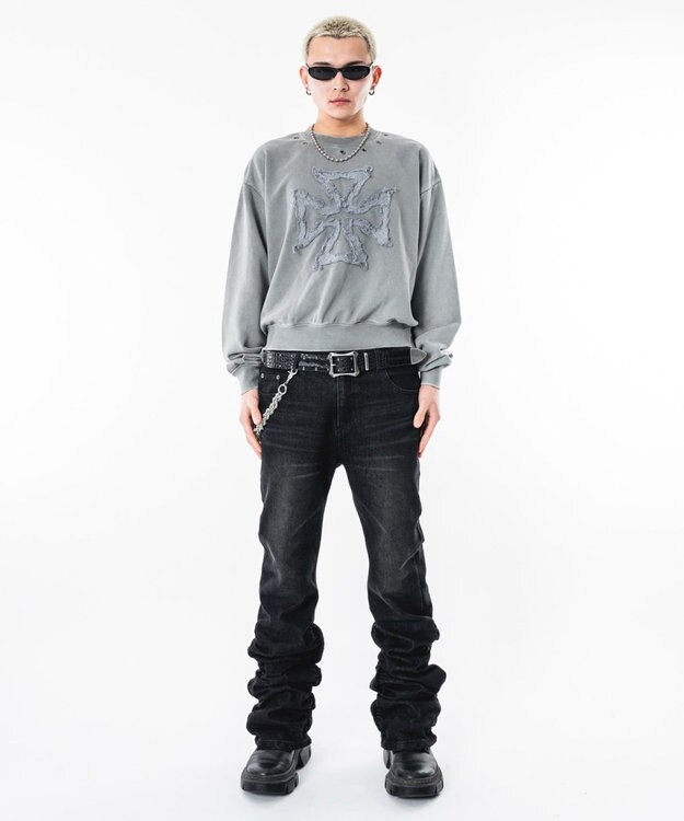 WEGO 【ユニセックス着用ITEM】シャーリングフレアデニムスキニーパンツ デニムブラックソノタ