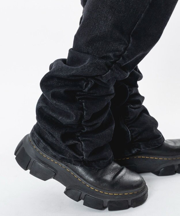 WEGO 【ユニセックス着用ITEM】シャーリングフレアデニムスキニーパンツ デニムブラックソノタ