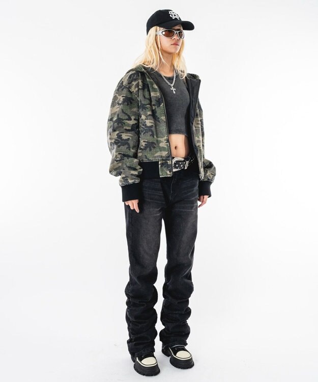 WEGO 【ユニセックス着用ITEM】シャーリングフレアデニムスキニーパンツ デニムブラックソノタ