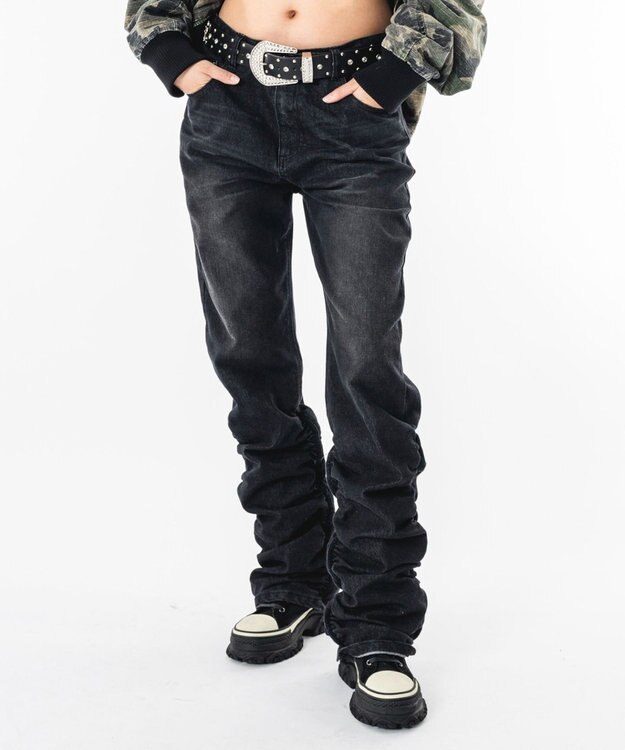 WEGO 【ユニセックス着用ITEM】シャーリングフレアデニムスキニーパンツ デニムブラックソノタ