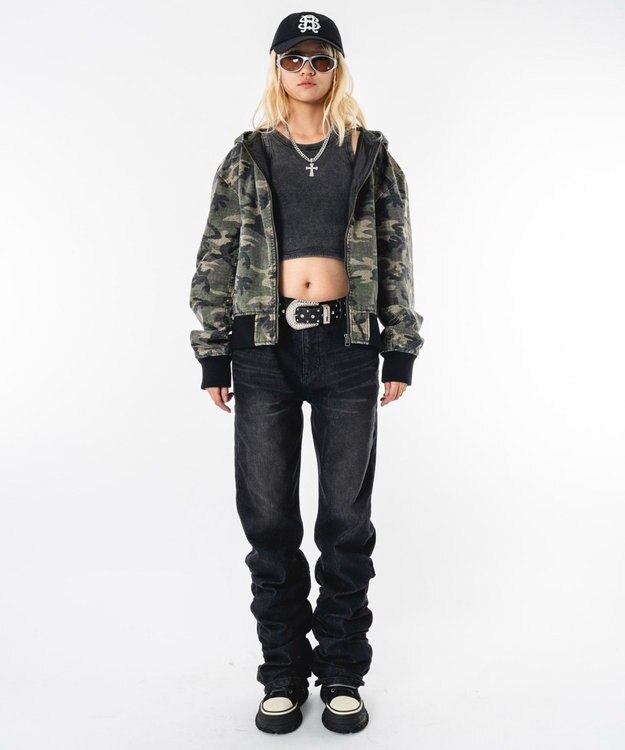 WEGO 【ユニセックス着用ITEM】シャーリングフレアデニムスキニーパンツ デニムブラックソノタ