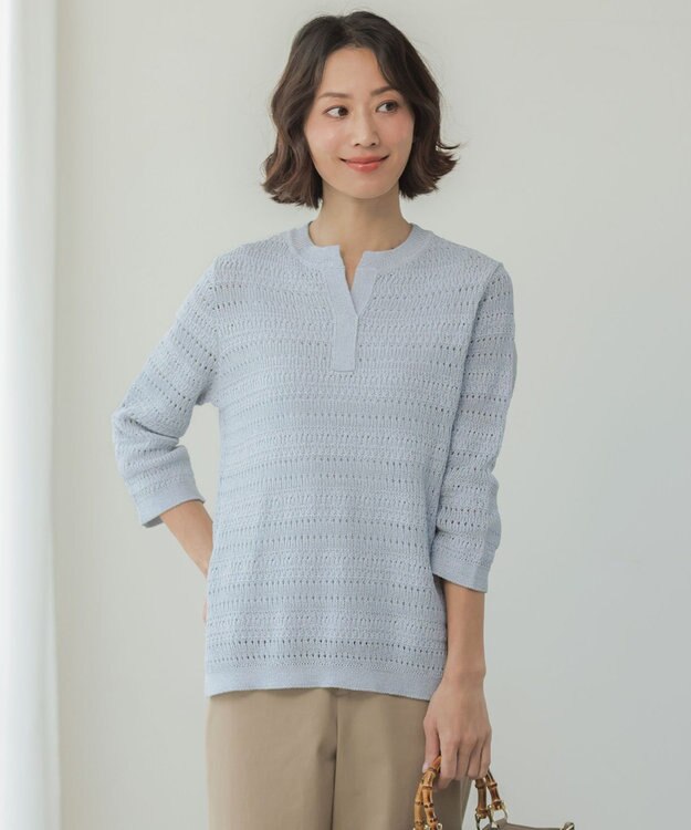 J.PRESS LADIES CROCHET LIKE PATTERN スッキパー ニット ブルー系