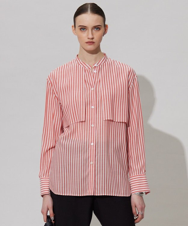 ICB 【洗える】キュプラローンストライプ シャツ オレンジストライプ系