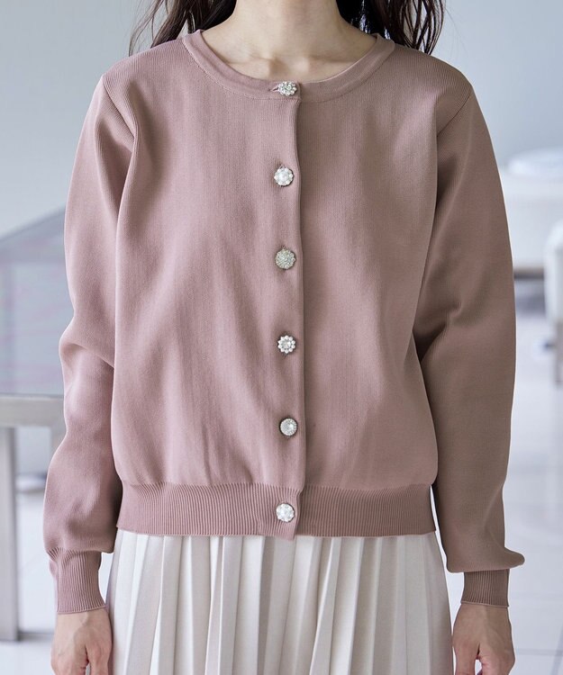 Tiaclasse L 【洗える】中空糸ビジューボタンカーディガン ピンク