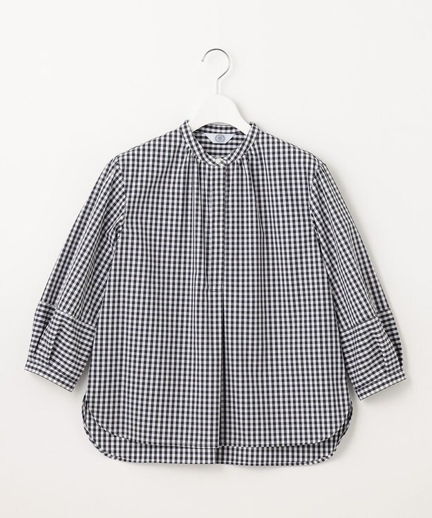 J.PRESS LADIES 【洗える・接触冷感・UVカット】エステネージュストライプ バンドカラーブラウス ホワイト×ネイビーギンガム系3