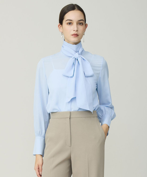 ICB L セルロースシルクビエラ ボウタイ付きブラウス サックスブルー